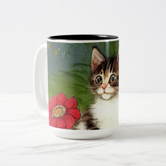  Kattenillustratie met lentevloeren Tweekleurige Koffiemok (Voorkant links)