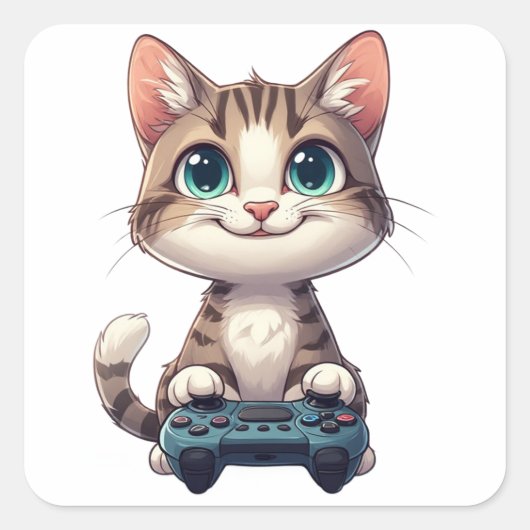 Kattenjong Met Gamecontroller Lachende Gamer Kat Vierkante Sticker (Voorkant)