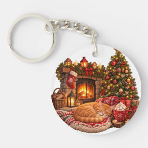 Kattenkat Slapend bij Open Haard Kerst Clipart Sleutelhanger
