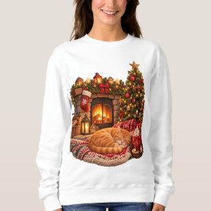 Kattenkat Slapend bij Open Haard Kerst Clipart Trui