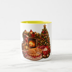 Kattenkat Slapend bij Open Haard Kerst Clipart Tweekleurige Koffiemok