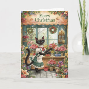 Kattenkerst thema van Siamese kat in bloemist Kaart