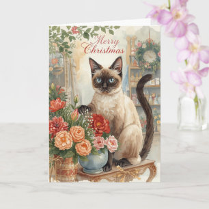 Kattenkerst thema van Siamese kat in bloemist Kaart