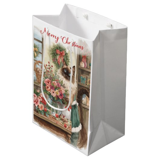 Kattenkerst thema van Siamese kat in bloemist Medium Cadeauzakje (Voorkant Gekanteld)