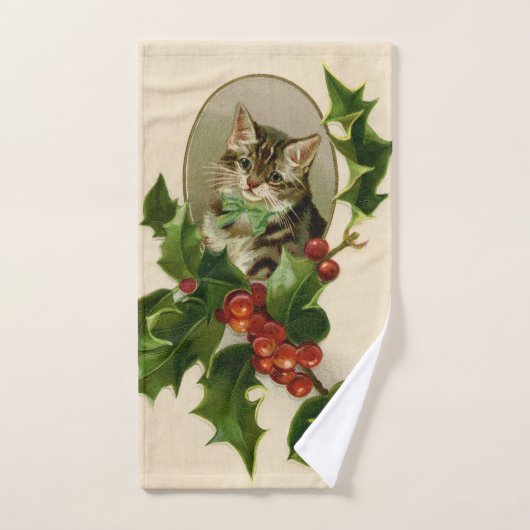 Kattenkerst Vrolijk Holly Kitten Antiek Kunst Bad Handdoek (Handdoek)