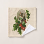 Kattenkerst Vrolijk Holly Kitten Antiek Kunst Bad Handdoek (Wasdoekje)