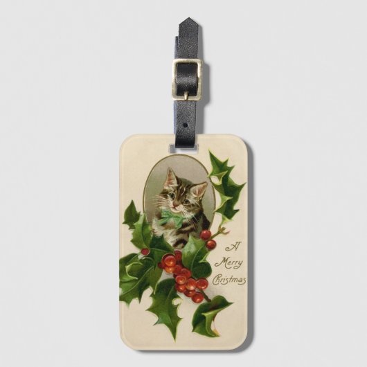 Kattenkerst Vrolijk Holly Kitten Antiek Kunst Bagagelabel (Voorkant (verticaal))