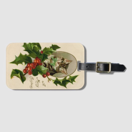 Kattenkerst Vrolijk Holly Kitten Antiek Kunst Bagagelabel (Voorkant (horizontaal))
