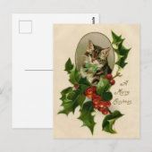Kattenkerst Vrolijk Holly Kitten Antiek Kunst Briefkaart (Voorkant / Achterkant)