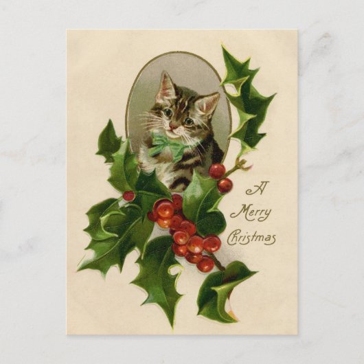Kattenkerst Vrolijk Holly Kitten Antiek Kunst Briefkaart (Voorkant)