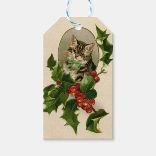Kattenkerst Vrolijk Holly Kitten Antiek Kunst Cadeaulabel (Voorkant)