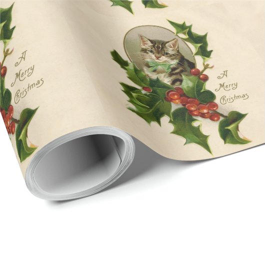 Kattenkerst Vrolijk Holly Kitten Antiek Kunst Cadeaupapier (Rol Hoek)