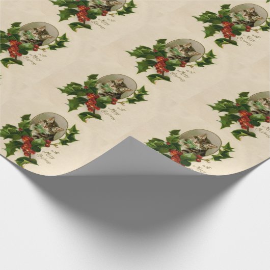 Kattenkerst Vrolijk Holly Kitten Antiek Kunst Cadeaupapier (Hoek)