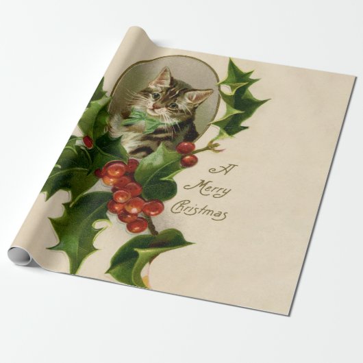 Kattenkerst Vrolijk Holly Kitten Antiek Kunst Cadeaupapier (Uitgerold)