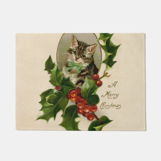 Kattenkerst Vrolijk Holly Kitten Antiek Kunst Deurmat (Voorkant)