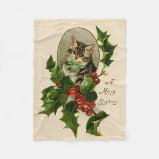 Kattenkerst Vrolijk Holly Kitten Antiek Kunst Fleece Deken (Voorkant)