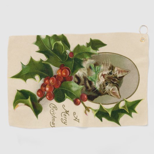 Kattenkerst Vrolijk Holly Kitten Antiek Kunst Golfhanddoek (Horizontaal)