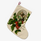 Kattenkerst Vrolijk Holly Kitten Antiek Kunst Grote Kerstsok (Voorkant (Hangend))