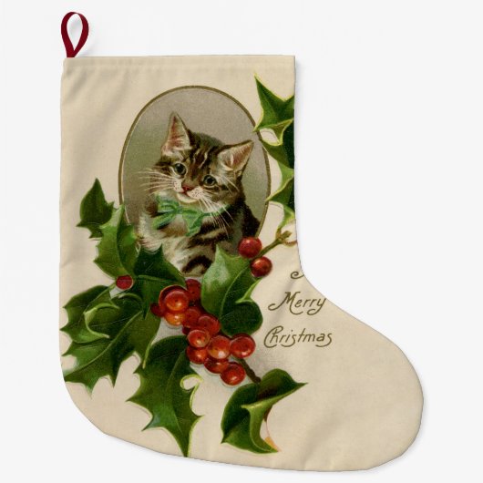 Kattenkerst Vrolijk Holly Kitten Antiek Kunst Grote Kerstsok (Voorkant)