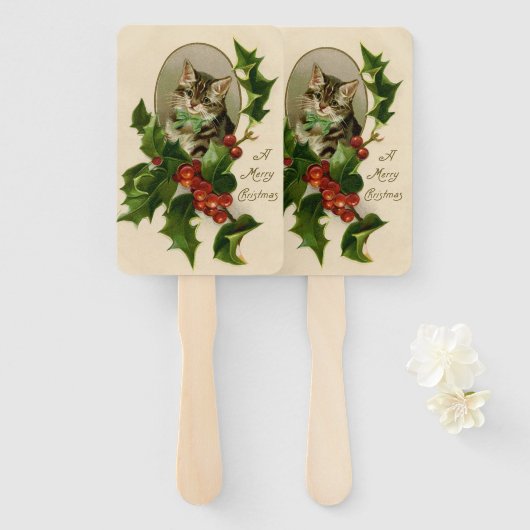 Kattenkerst Vrolijk Holly Kitten Antiek Kunst Handwaaier (Voorkant en achterkant)