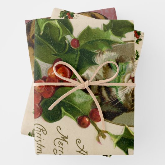 Kattenkerst Vrolijk Holly Kitten Antiek Kunst Inpakpapier Vel (In situ)