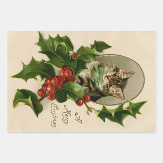 Kattenkerst Vrolijk Holly Kitten Antiek Kunst Inpakpapier Vel (Voorkant)