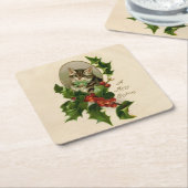 Kattenkerst Vrolijk Holly Kitten Antiek Kunst Kartonnen Onderzetters (Schuin)