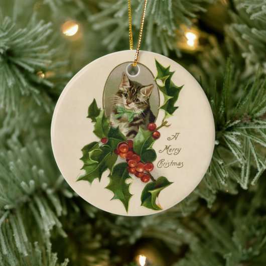 Kattenkerst Vrolijk Holly Kitten Antiek Kunst Keramisch Ornament (Boom)