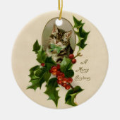 Kattenkerst Vrolijk Holly Kitten Antiek Kunst Keramisch Ornament (Voorkant)