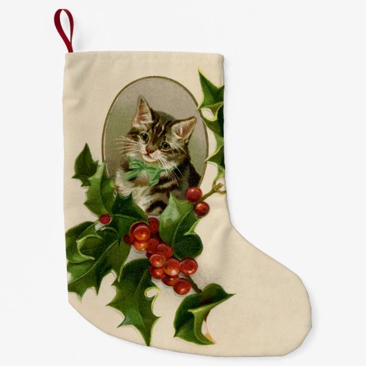 Kattenkerst Vrolijk Holly Kitten Antiek Kunst Kleine Kerstsok (Voorkant)