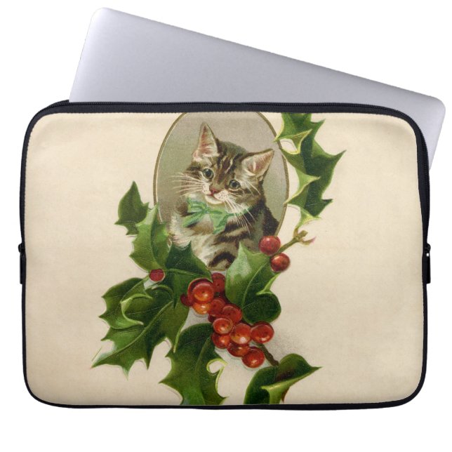 Kattenkerst Vrolijk Holly Kitten Antiek Kunst Laptop Sleeve (Voorkant)