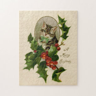 Kattenkerst Vrolijk Holly Kitten Antiek Kunst Legpuzzel