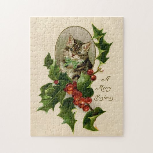 Kattenkerst Vrolijk Holly Kitten Antiek Kunst Legpuzzel (Verticaal)