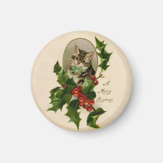 Kattenkerst Vrolijk Holly Kitten Antiek Kunst Magneet (Voorkant)