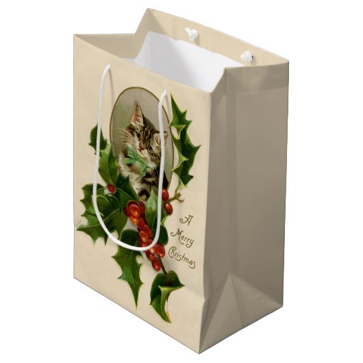 Kattenkerst Vrolijk Holly Kitten Antiek Kunst Medium Cadeauzakje (Voorkant Gekanteld)