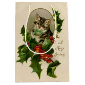 Kattenkerst Vrolijk Holly Kitten Antiek Kunst Medium Cadeauzakje (Voorkant)