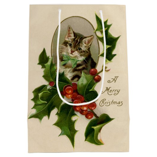 Kattenkerst Vrolijk Holly Kitten Antiek Kunst Medium Cadeauzakje (Achterkant)