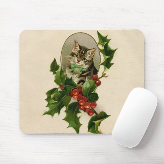 Kattenkerst Vrolijk Holly Kitten Antiek Kunst Muismat (Met muis)