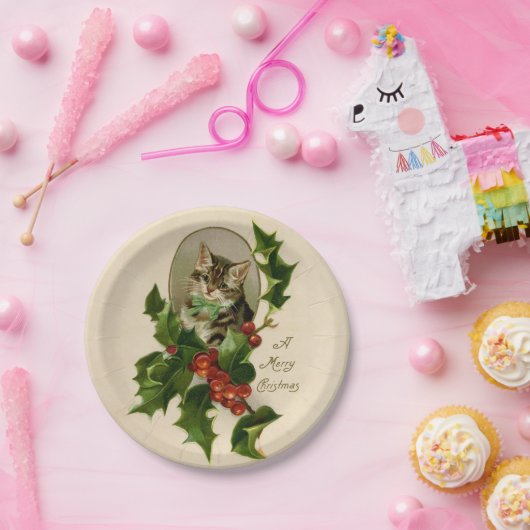 Kattenkerst Vrolijk Holly Kitten Antiek Kunst Papieren Bordje (Feest)