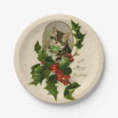 Kattenkerst Vrolijk Holly Kitten Antiek Kunst Papieren Bordje (Voorkant)