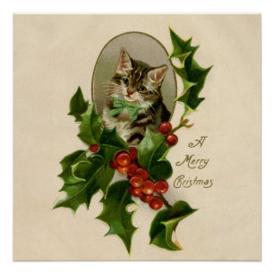 Kattenkerst Vrolijk Holly Kitten Antiek Kunst Perfect Poster