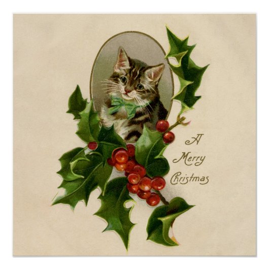 Kattenkerst Vrolijk Holly Kitten Antiek Kunst Perfect Poster (Voorkant)