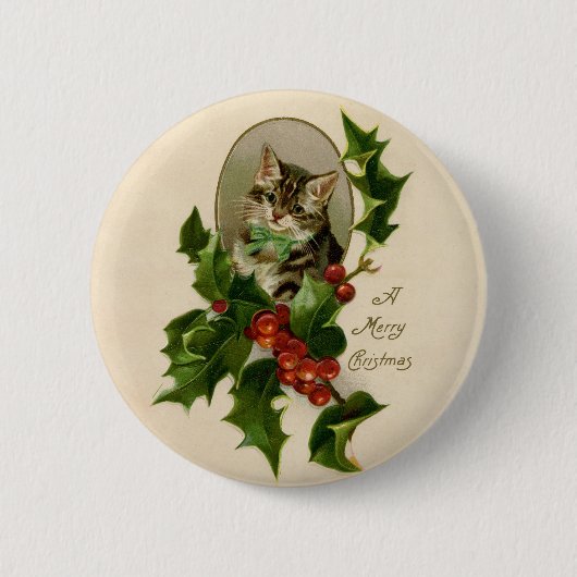 Kattenkerst Vrolijk Holly Kitten Antiek Kunst Ronde Button 5,7 Cm (Voorkant)