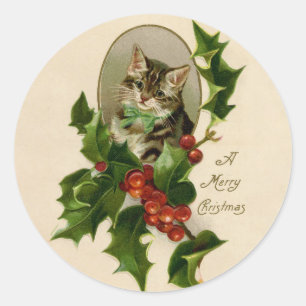 Kattenkerst Vrolijk Holly Kitten Antiek Kunst Ronde Sticker
