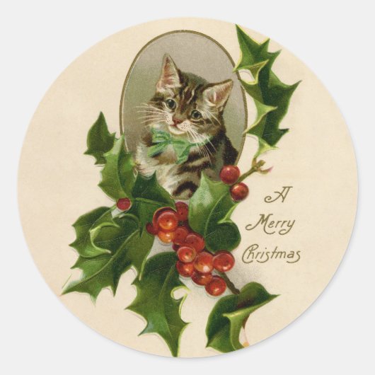 Kattenkerst Vrolijk Holly Kitten Antiek Kunst Ronde Sticker (Voorkant)