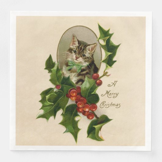 Kattenkerst Vrolijk Holly Kitten Antiek Kunst Servet (Voorkant)