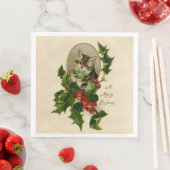 Kattenkerst Vrolijk Holly Kitten Antiek Kunst Servet (Insitu)