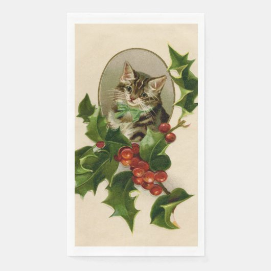 Kattenkerst Vrolijk Holly Kitten Antiek Kunst Servet (Voorkant)