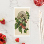 Kattenkerst Vrolijk Holly Kitten Antiek Kunst Servet (Insitu)