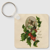 Kattenkerst Vrolijk Holly Kitten Antiek Kunst Sleutelhanger (Voorkant)